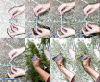 Still images from two different small films. The first five images show two hands pulling a string repeatedly. The other three show a hand wrapped in fabric stretching the fabric out by opening the fingers. The frames are glitchy and noisy.