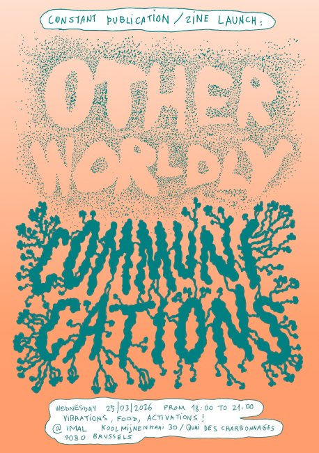 Flyer Otherworldly communications, on an orange background with teal letters with a handrawn font